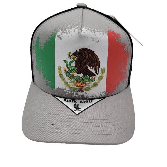 Black Eagle Hat Cap Snap Back Gray Mexico Flag Trucker Mesh Embroidered Mens - Picture 1 of 8